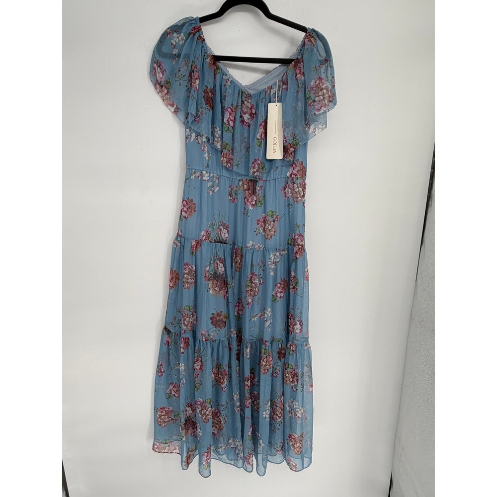 Goelia Floral Maxi Dress Blue Cottagecore fairycore Ruffle Off Shoulder Tiered S